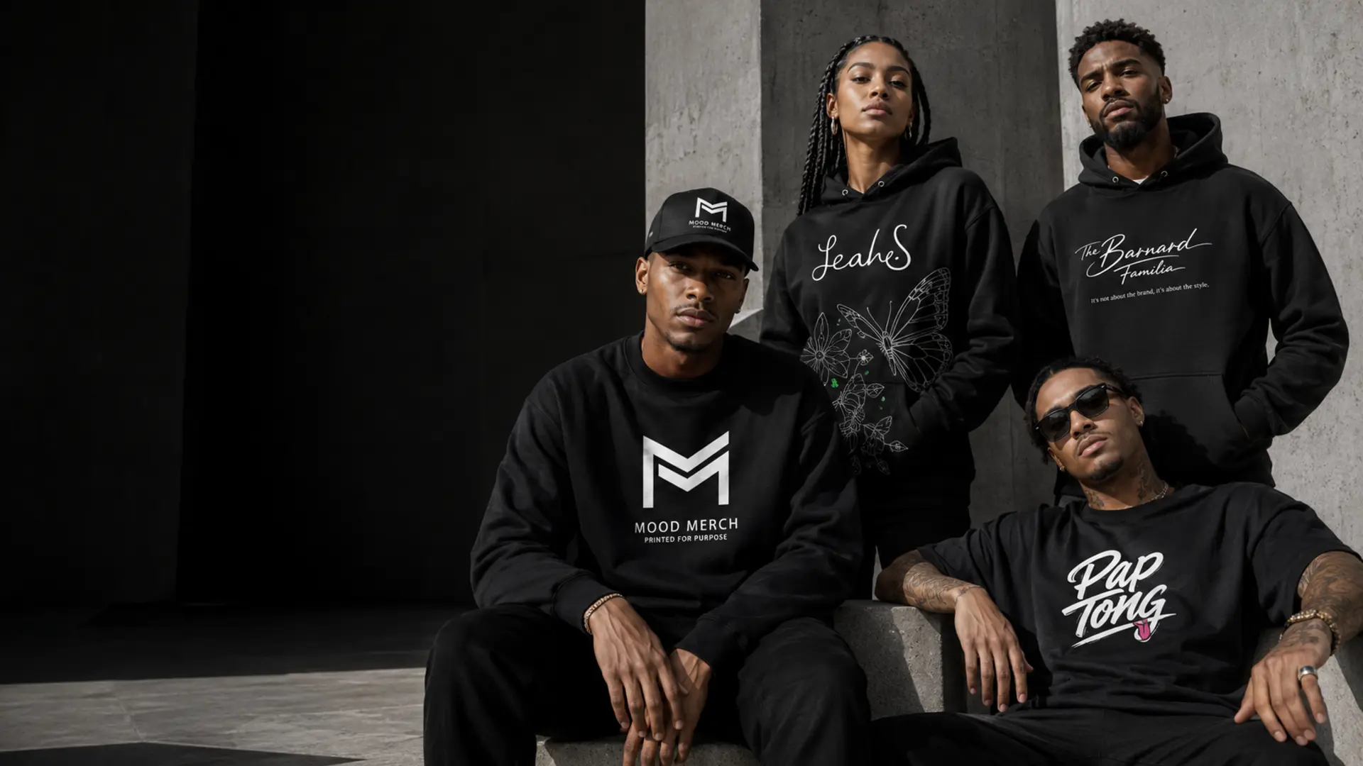 Models wearing Mood Merch collection apparel